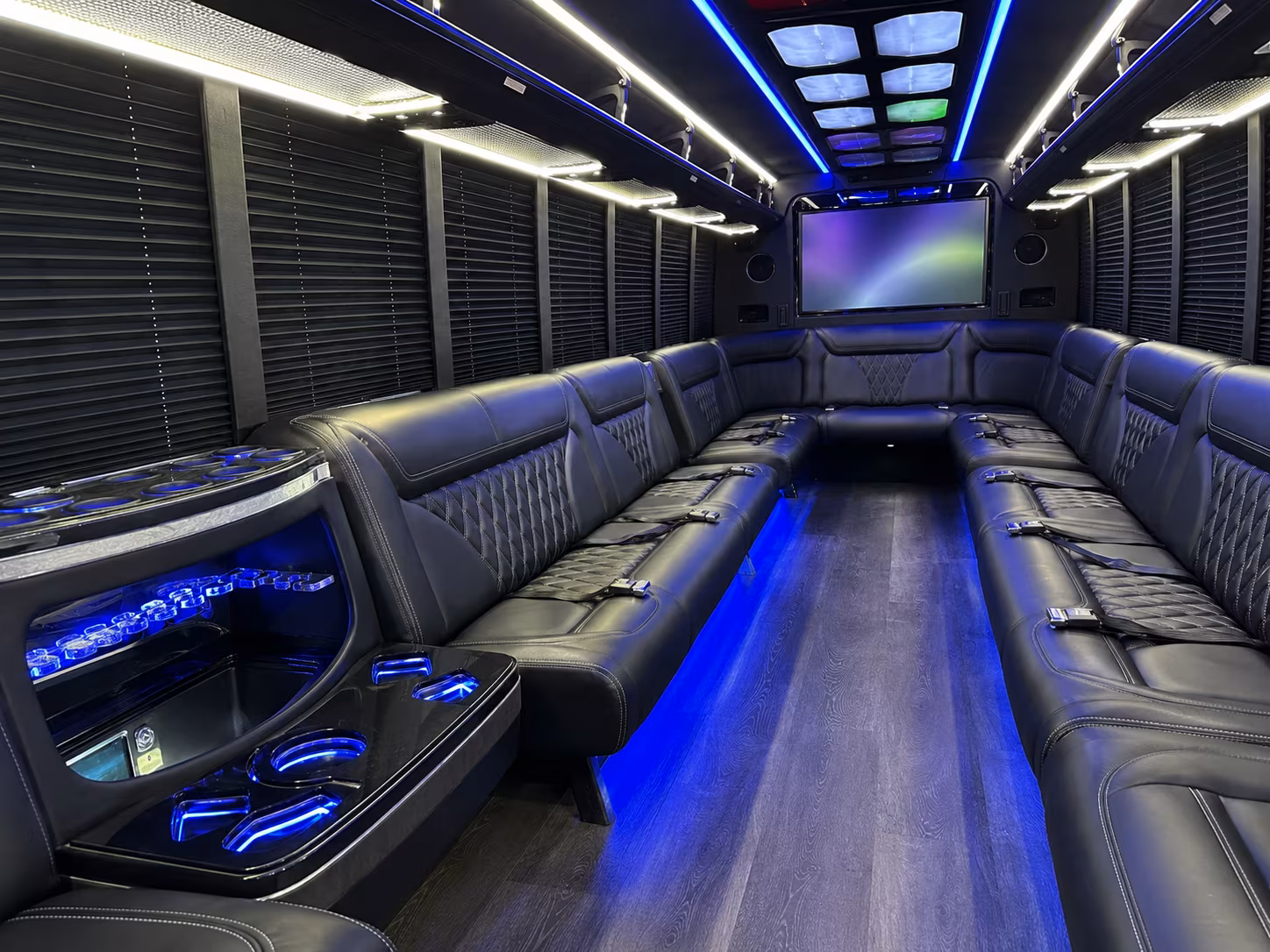newark 20 passenger party bus inside