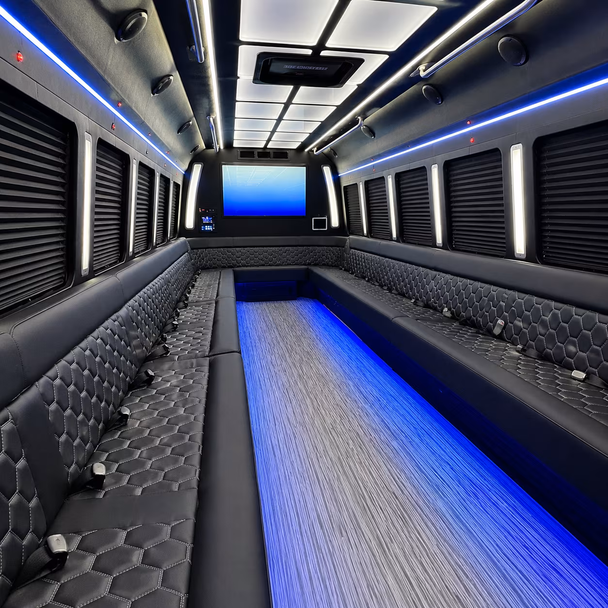 newark 50 passenger party bus inside
